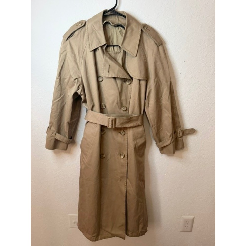 London Fog Vintage Double Breasted Trench Coat Tan Khaki Belted Womens 10 Pet